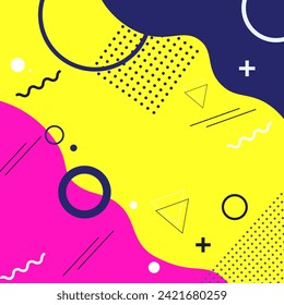 Abstract geometric background with various geometric shapes - triangles, circles, dots, lines. Memphis style. Bright and colorful, in the style of the 90s. Vector seamless pattern. Bright colors