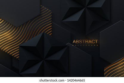 Abstract geometric background. Vector 3d illustration. Triangle or pyramid black shapes. Polygonal tiles with golden wavy pattern. Minimal cover design. Futuristic design element. Hex geometry pattern