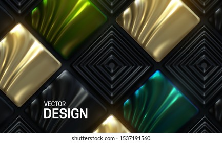 Abstract geometric background. Vector 3d illustration. Black, golden and green square shapes. Polygonal mosaic template. Tiles backdrop. Minimal cover design. Vintage decoration.