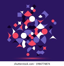 Abstrakter geometrischer Hintergrund, Vektordesign-Element im Retro-Stil der 70er, moderne komplexe Komposition mit bunten geometrischen Formen, modulares Design.