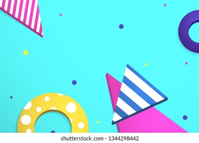 Abstract geometric background Vector illustration Triangles and circles of different colours and with different patterns are randomly scattered on a turquoise backdrop