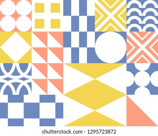 Abstract geometric background vector pattern. Different geometric shapes - circles, triangles, squares, rectangles. Coloured in white, blue, coral and yellow.