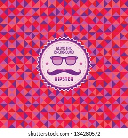 Abstract geometric background - vector pattern in vintage retro design style with hipster badge with glasses and a mustache.