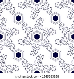 Abstract geometric background, vector seamless pattern, ornamental wallpaper, elegant ornament for wrapping paper and other surfaces. Symmetrical monochrome pattern.