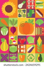 Abstract geometric background with vegetables symbols. Agriculture or farming pattern with fresh natural agricultural products. Eco healthy food. Poster, banner, set of icons