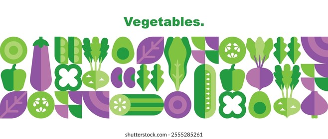 Abstract geometric background with vegetables.Organic food.Set of simple icons in flat bauhaus style.Banner template.Elements isolated on white background. Vector illustration.