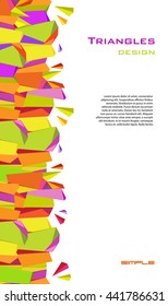 Abstract geometric background. Vertical colorful border . Orange, yellow, green and purple triangles in white. Vector stock illustration.