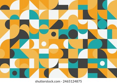Abstract geometric background with a vibrant blend of orange, teal, black, and white shapes, featuring circles, semi-circles, and squares