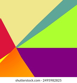 Abstract geometric background with vibrant colors. Red, orange, yellow, green, blue, and purple triangles overlap. Dynamic and energetic composition.