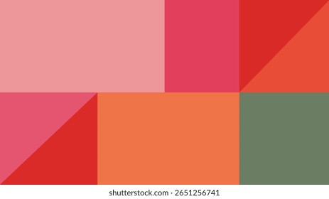 Abstract geometric background with a vibrant mosaic of squares and triangles. A playful and colorful design in a retro palette of pink, orange, and teal.