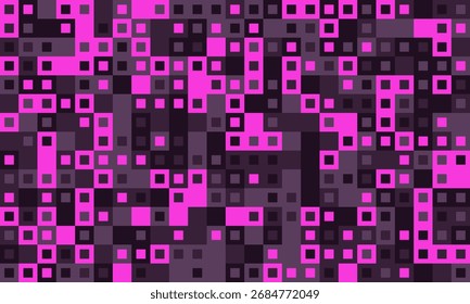 Fundo geométrico abstrato com quadrados rosa vibrante e cinza escuro.  Perfeito para apresentações de tecnologia, design ou modernas.  Esse padrão pixelizado evoca uma sensação de energia e complexidade digitais.