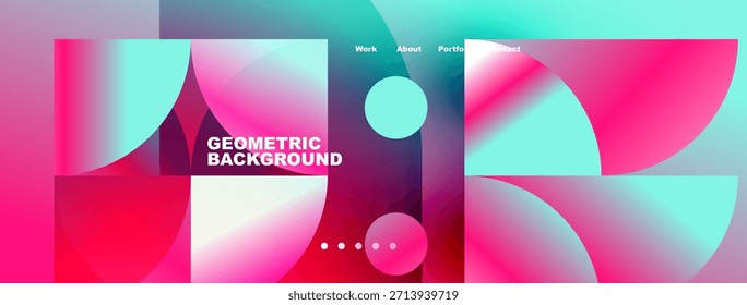 Abstract geometric background. Vibrant pink, turquoise gradients create modern design. Text elements present work, about, portfolio, contact.
