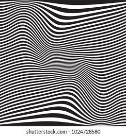 Abstract geometric background. Wavy black white pattern. Vector illustration. Futuristic monochrome design. Optical illusion.