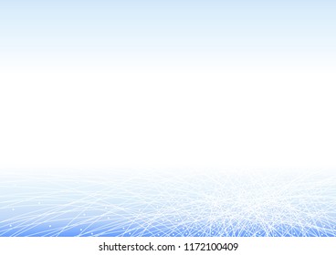 Abstract geometric background. White curve line, white circle dot on blue background. Connecting concept background.