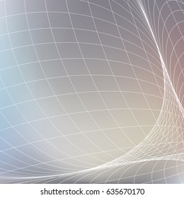 Abstract geometric background. White grid in light gray color space. Curves diverging fine lines in perspective Modern technology
