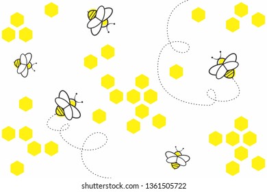 Abstract geometric background with yellow hexagons and bees on white background. Seamless pattern with honeycombs, bees and dotted lines of flight of bees. Cute, decorative background