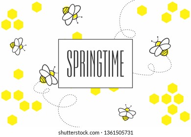 Abstract geometric background with yellow hexagons and bees on white background. Spring seamless pattern with honeycombs, bees and dotted lines of flight of bees. Spring time has come