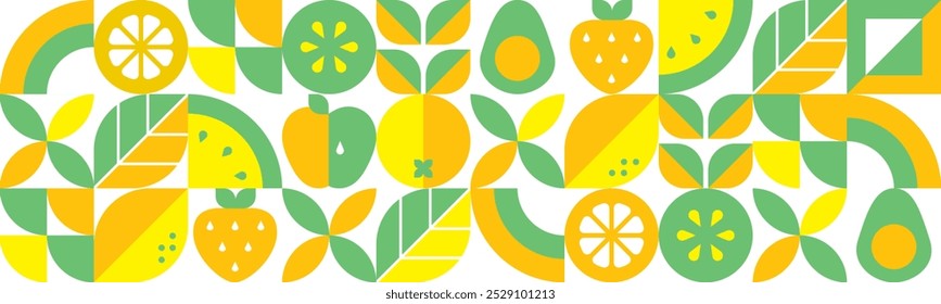 Abstract geometric background.Fresh organic food.Fruits, leaves and berries. Watermelon, avocado, strawberry and orange slices.Seamless pattern.Vector illustration.Set of icons in simple flat style.