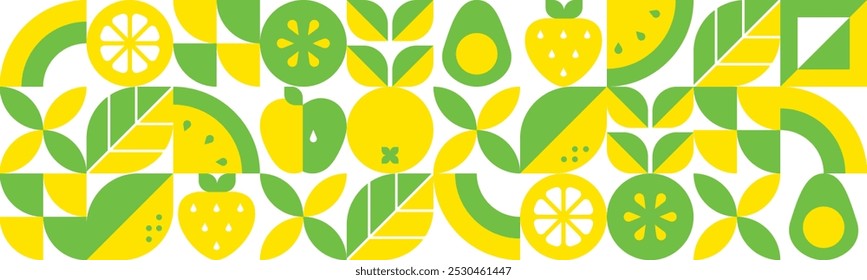 Abstract geometric background.Fresh organic food.Fruits, leaves and berries. Watermelon, lemon, strawberry and orange slices.Seamless pattern.Vector illustration.Set of icons in simple flat style.