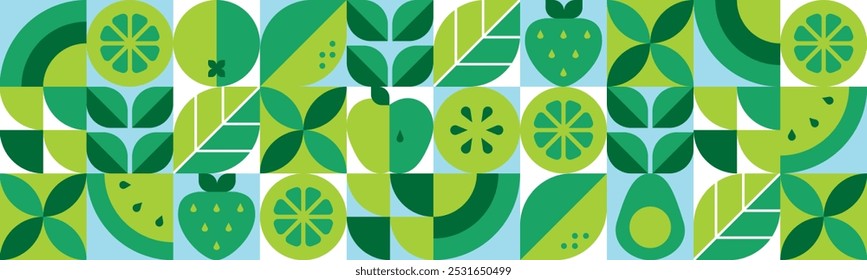 Abstract geometric background.Fresh organic food.Fruits, leaves and berries. Watermelon, lemon, strawberry and orange slices.Seamless pattern.Vector illustration.Set of icons in simple flat style.