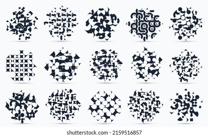 Abstract geometric backgrounds big set isolated, vector black and white design elements in retro style of 70s, modern complex compositions with geometrical shapes.