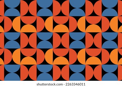 Los fondos geométricos abstractos combinan semicírculos y triángulos, con una composición de colores naranja, azul y rojo y colores base negros.
