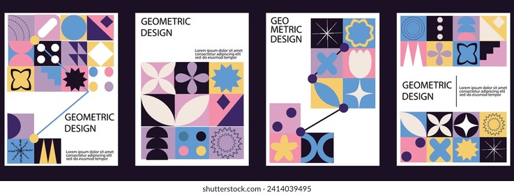 Abstract  geometric backgrounds with circle, triangle and square shapes. Minimalistic trendy brutalist backgrounds.	