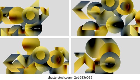Abstrakte geometrische Hintergründe. Überlappende Kreise, Farbverläufe, moderne Designelemente. Gold, schwarz, graues Farbschema. Minimalistischer Stil.