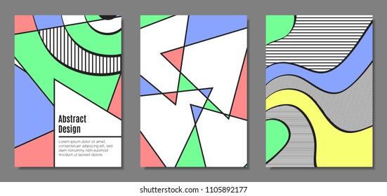 Abstract Geometric Backgrounds in Pastel Color Design. Placard Templates Set with Handwritten Wavy Stripes. Covers with Triangles and Abstract Geometric Shapes in Bauhaus Style for Brochure, Layout.