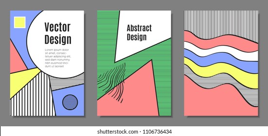 Abstract Geometric Backgrounds in Pastel Color Design. Placard Templates Set with Handwritten Wavy Stripes. Covers with Triangles and Abstract Geometric Shapes in Bauhaus Style for Brochure, Layout.