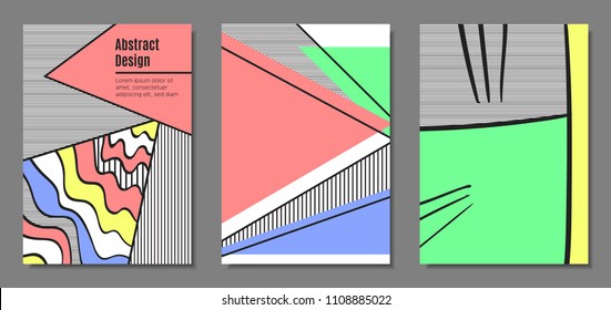 Abstract Geometric Backgrounds in Pastel Color Design. Placard Templates Set with Handwritten Wavy Stripes. Covers with Triangles and Abstract Geometric Shapes in Bauhaus Style for Brochure, Layout.