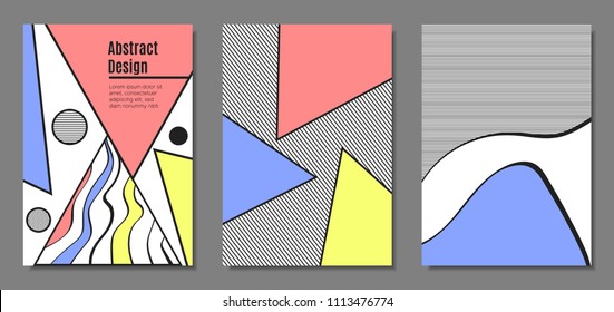 Abstract Geometric Backgrounds in Pastel Color Design. Placard Templates Set with Handwritten Wavy Stripes. Covers with Triangles and Abstract Geometric Shapes in Bauhaus Style for Brochure, Layout.