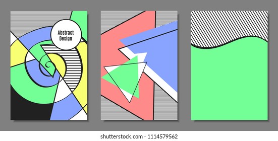 Abstract Geometric Backgrounds in Pastel Color Design. Placard Templates Set with Handwritten Wavy Stripes. Covers with Triangles and Abstract Geometric Shapes in Bauhaus Style for Brochure, Layout.