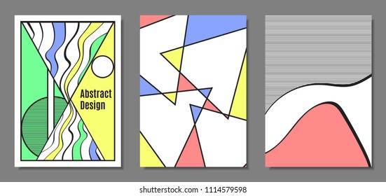 Abstract Geometric Backgrounds in Pastel Color Design. Placard Templates Set with Handwritten Wavy Stripes. Covers with Triangles and Abstract Geometric Shapes in Bauhaus Style for Brochure, Layout.