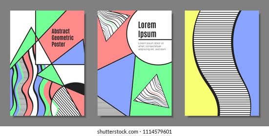 Abstract Geometric Backgrounds in Pastel Color Design. Placard Templates Set with Handwritten Wavy Stripes. Covers with Triangles and Abstract Geometric Shapes in Bauhaus Style for Brochure, Layout.