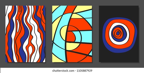 Abstract Geometric Backgrounds Set with Handwritten Wavy Lines and Ethic Elements. Bright Psychedelic Wallpaper. Colorful Vector Illustration Applicable for Posters, Magazine, Layout, Splash Screen.
