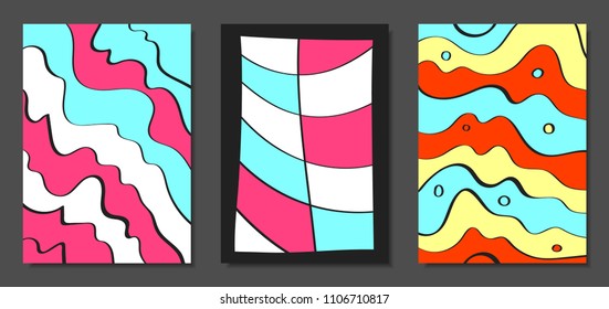 Abstract Geometric Backgrounds Set with Handwritten Wavy Lines and Ethic Elements. Bright Psychedelic Wallpaper. Colorful Vector Illustration Applicable for Posters, Magazine, Layout, Splash Screen.
