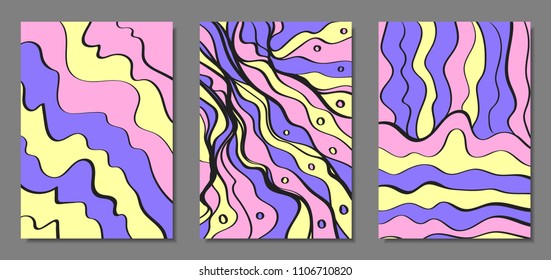 Abstract Geometric Backgrounds Set with Handwritten Wavy Lines and Ethic Elements. Bright Psychedelic Wallpaper in Pastel Color Design. Vector Illustration in Pink, Purple and Yellow Colors.