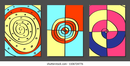 Abstract Geometric Backgrounds Set with Handwritten Wavy Lines and Ethic Elements. Bright Psychedelic Wallpaper. Colorful Vector Illustration Applicable for Posters, Magazine, Layout, Splash Screen.