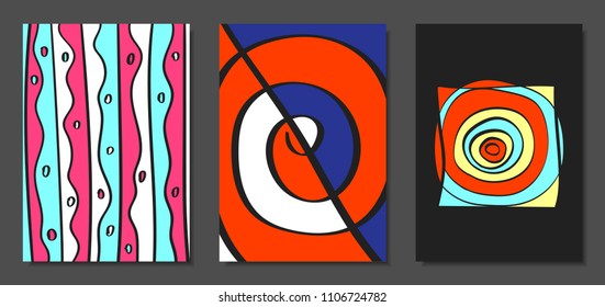 Abstract Geometric Backgrounds Set with Handwritten Wavy Lines and Ethic Elements. Bright Psychedelic Wallpaper. Colorful Vector Illustration Applicable for Posters, Magazine, Layout, Splash Screen.