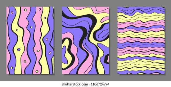 Abstract Geometric Backgrounds Set with Handwritten Wavy Lines and Ethic Elements. Bright Psychedelic Wallpaper in Pastel Color Design. Vector Illustration in Pink, Purple and Yellow Colors.