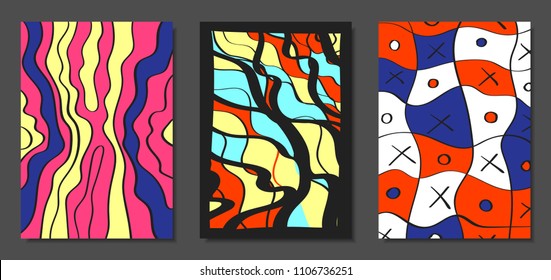 Abstract Geometric Backgrounds Set with Handwritten Wavy Lines and Ethic Elements. Bright Psychedelic Wallpaper. Colorful Vector Illustration Applicable for Posters, Magazine, Layout, Splash Screen.