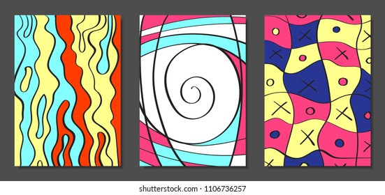Abstract Geometric Backgrounds Set with Handwritten Wavy Lines and Ethic Elements. Bright Psychedelic Wallpaper. Colorful Vector Illustration Applicable for Posters, Magazine, Layout, Splash Screen.