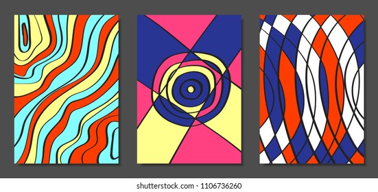 Abstract Geometric Backgrounds Set with Handwritten Wavy Lines and Ethic Elements. Bright Psychedelic Wallpaper. Colorful Vector Illustration Applicable for Posters, Magazine, Layout, Splash Screen.