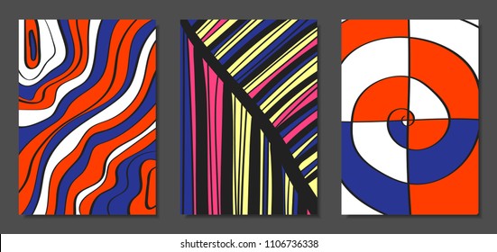 Abstract Geometric Backgrounds Set with Handwritten Wavy Lines and Ethic Elements. Bright Psychedelic Wallpaper. Colorful Vector Illustration Applicable for Posters, Magazine, Layout, Splash Screen.