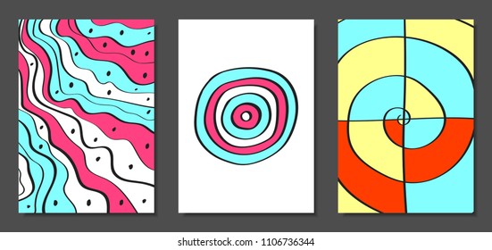 Abstract Geometric Backgrounds Set with Handwritten Wavy Lines and Ethic Elements. Bright Psychedelic Wallpaper. Colorful Vector Illustration Applicable for Posters, Magazine, Layout, Splash Screen.