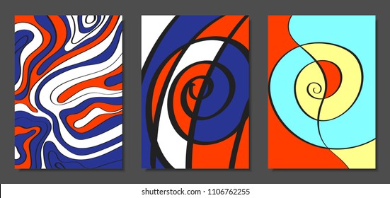 Abstract Geometric Backgrounds Set with Handwritten Wavy Lines and Ethic Elements. Bright Psychedelic Wallpaper. Colorful Vector Illustration Applicable for Posters, Magazine, Layout, Splash Screen.