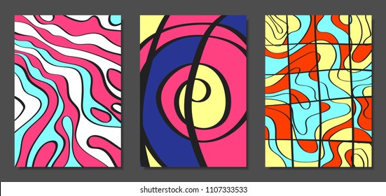 Abstract Geometric Backgrounds Set with Handwritten Wavy Lines and Ethic Elements. Bright Psychedelic Wallpaper. Colorful Vector Illustration Applicable for Posters, Magazine, Layout, Splash Screen.