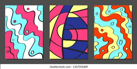 Abstract Geometric Backgrounds Set with Handwritten Wavy Lines and Ethic Elements. Bright Psychedelic Wallpaper. Colorful Vector Illustration Applicable for Posters, Magazine, Layout, Splash Screen.