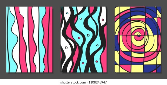 Abstract Geometric Backgrounds Set with Handwritten Wavy Lines and Ethic Elements. Bright Psychedelic Wallpaper. Colorful Vector Illustration Applicable for Posters, Magazine, Layout, Splash Screen.